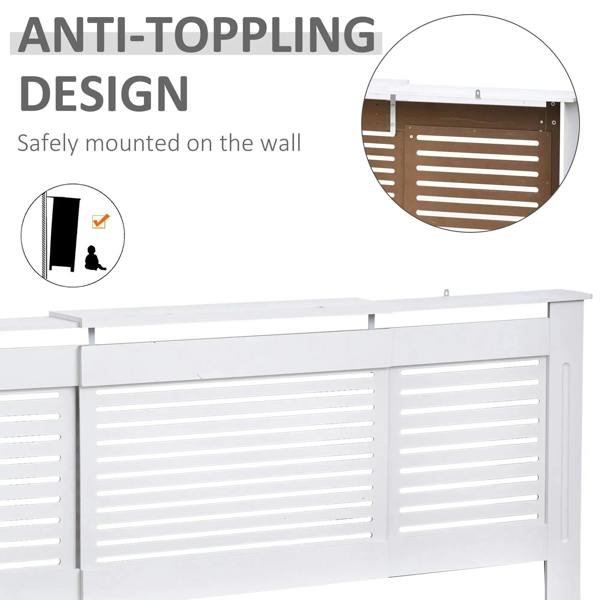 White radiator cover cabinet with horizontal slat vents and anti-toppling wall mount design