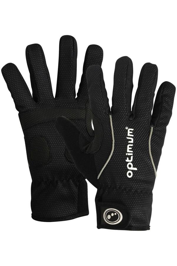 Black full-finger winter cycling gloves pair with white Optimum logo and reflective piping, on white - Optimum