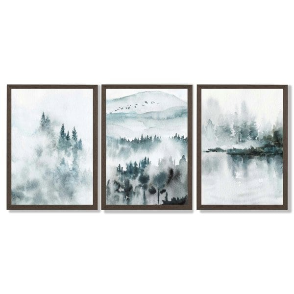 Artze Wall Art Teal Blue Abstract Forest Lake Set of 3 Framed Wall Art