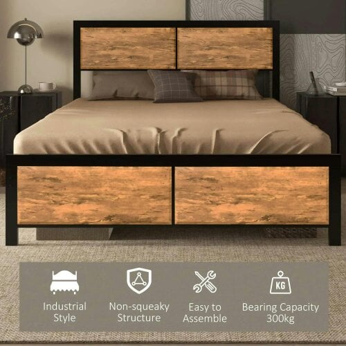 Industrial Double Bed Frame, 5FT Steel Bed Base with Headboard, Footboard, Slatted Support and Under Bed Storage, 142 x 195cm, Rustic Brown