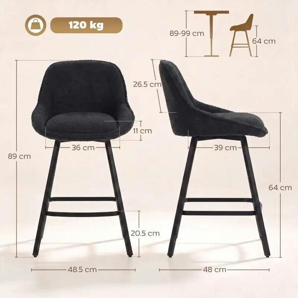 Bobobiy Bar Stools Set of 2, 64 cm Modern Linen-Touch Fabric 360° Swivel Counter Height Bar Chairs, Black