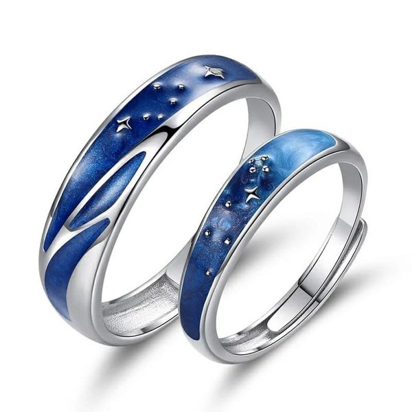 The Colourful Aura Silver Blue Star Couple Space Adjustable Promise Ring Set