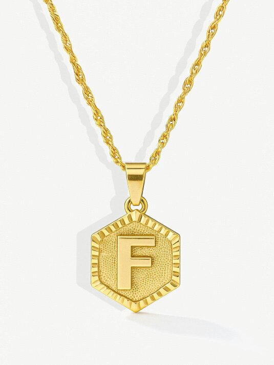 MUCHV Initial Coin Necklace With Singapore Chain - Gold - F