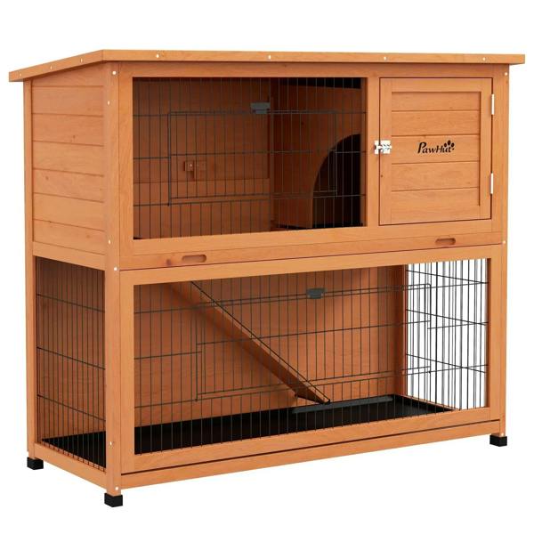 Orange two-tier rabbit hutch with wire mesh panels, front door, and ramp divider