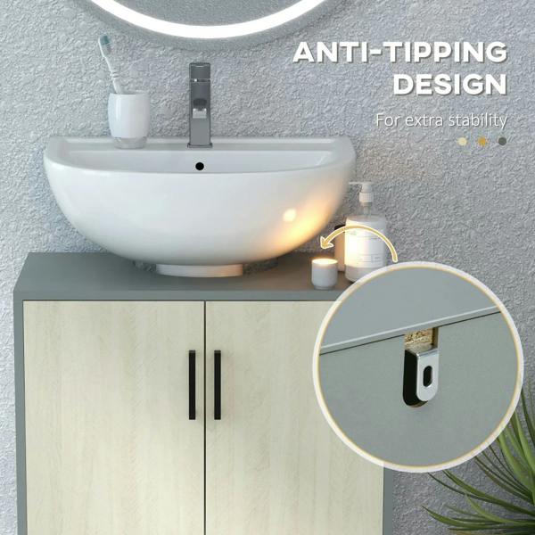 Bathroom cabinet front with double doors and black bar handles, sturdy dark legs.