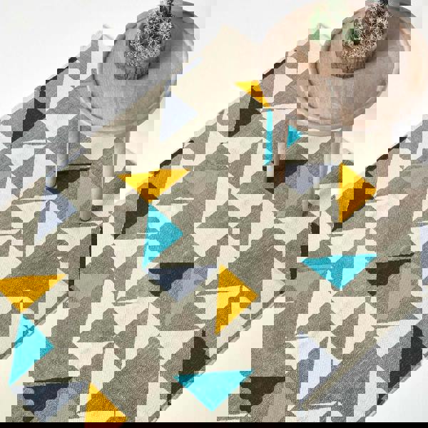 HOMESCAPES Copenhagen Blue, Yellow and Grey 100% Cotton Geometric Style Scandi Printed Rug