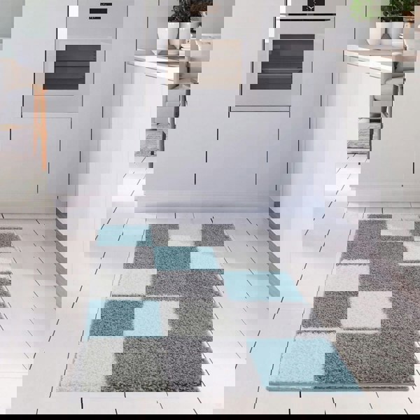 Geometric Design Thick Shaggy Area Rugs Duck Egg Blue