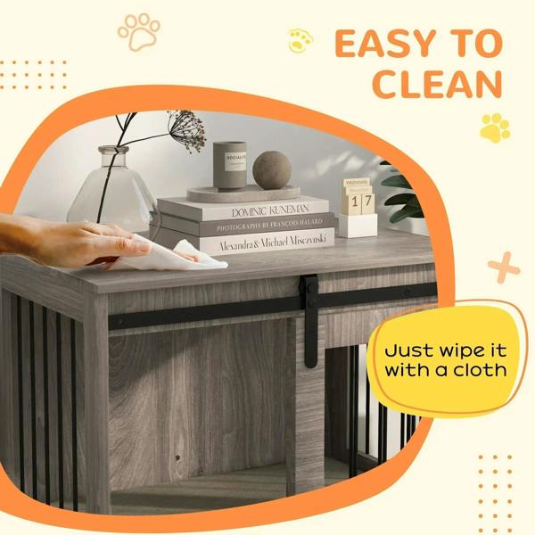 Dog crate furniture with removable cushion and wipe-clean top and front bars