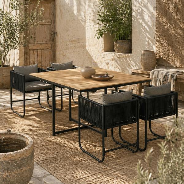 Wyld Haus Lilere Rattan Black 4 Seater Cube Garden Dining Set With Cushions And Rectangular Wood Grain Table