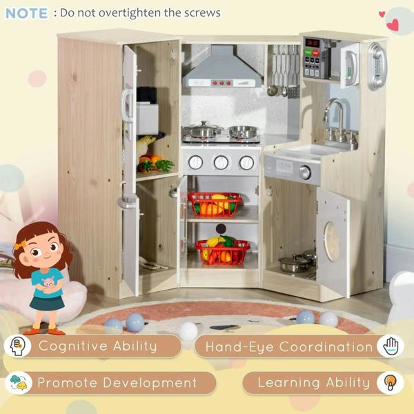 Kids kitchen playset with open refrigerator and oven doors plus lower storage shelves