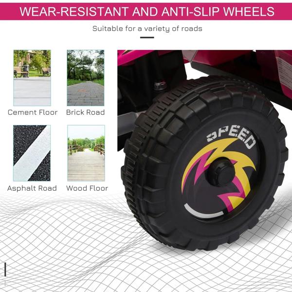 Black anti-slip tread wheels on a pink ride-on ATV quad bike