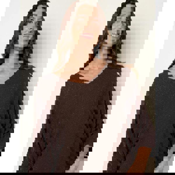 Blue Vanilla Metallic V Neck Knitted Ripple Jumper - Brown