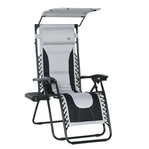 Grey folding reclining patio lounge chair with shade cover and padded headrest