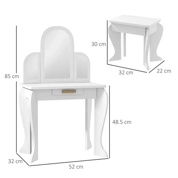 White kids vanity table set with arched mirror and drawer, shown with stool dimensions