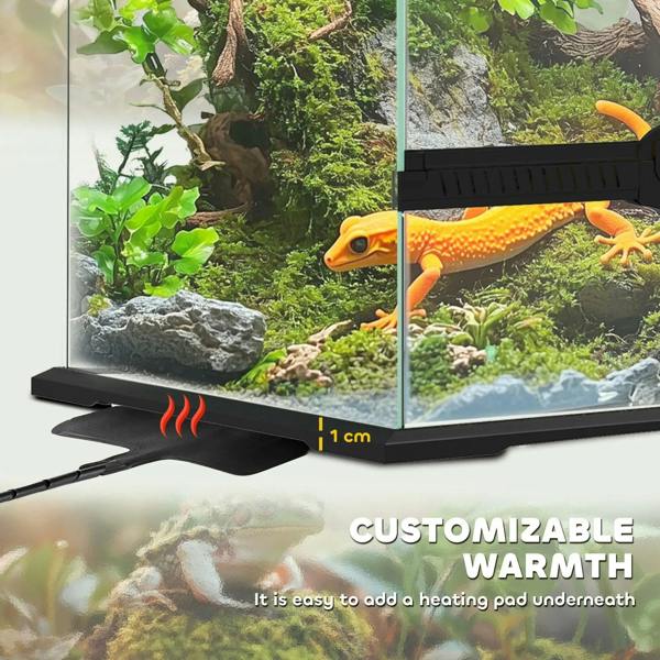 Black glass reptile terrarium with heating pad space under base and clear side wall