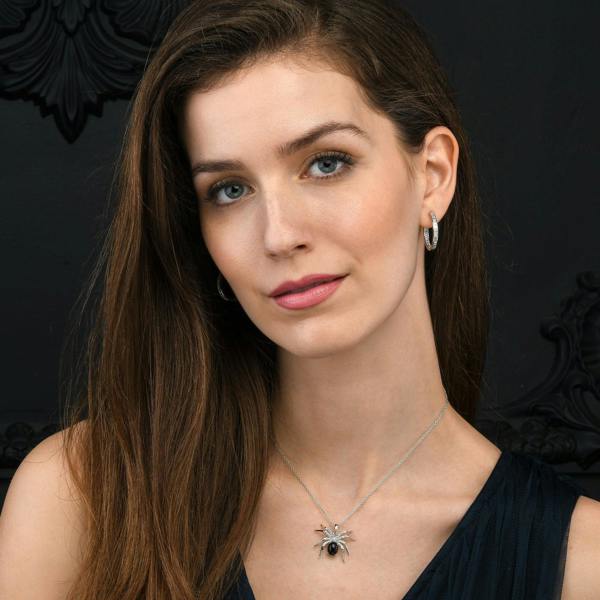 namana 925 Sterling Silver Spider Pendant Necklace for Women with a Black Agate and Cubic Zirconia Stones