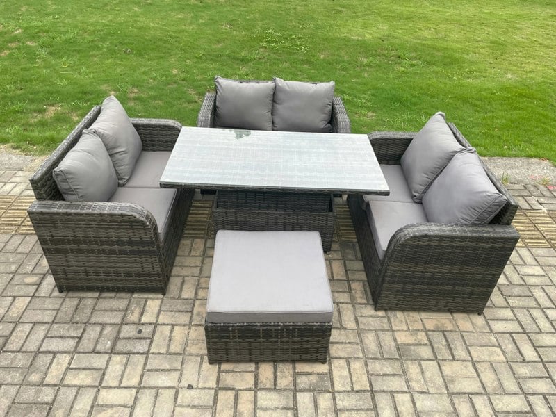 Fimous Rattan Garden Outdoor Furniture 3 PC Love Sofa Set Patio Adjustable Rising lifting Dining Table With Big Footstool