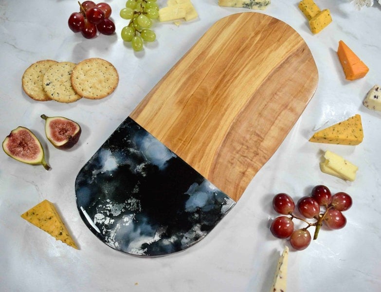 Olive Wood Board with Black Silver Resin Art - Unusual Birthday Gift Ideas - Foodie Present