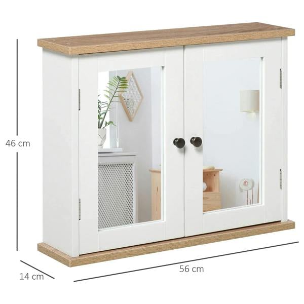 White double-door bathroom mirror cabinet with wooden top and side measurement indicators