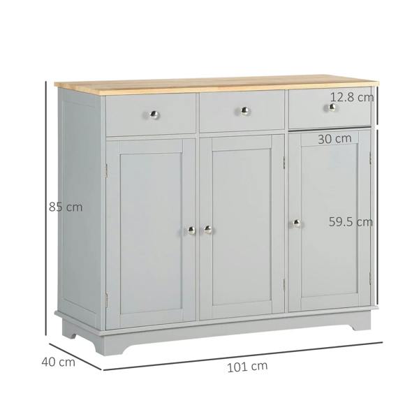 Grey sideboard cabinet with rubberwood top, measuring dimensions, three doors and three drawers