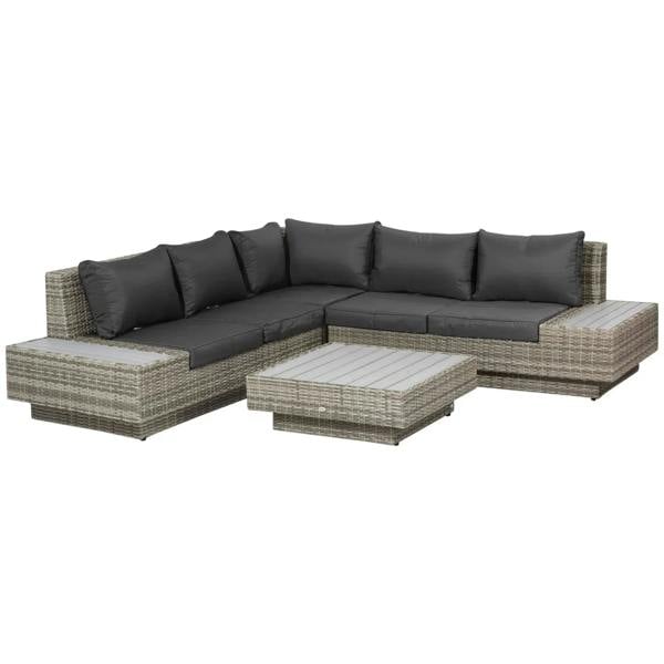Light grey rattan corner sofa set with dark cushions and matching coffee tables