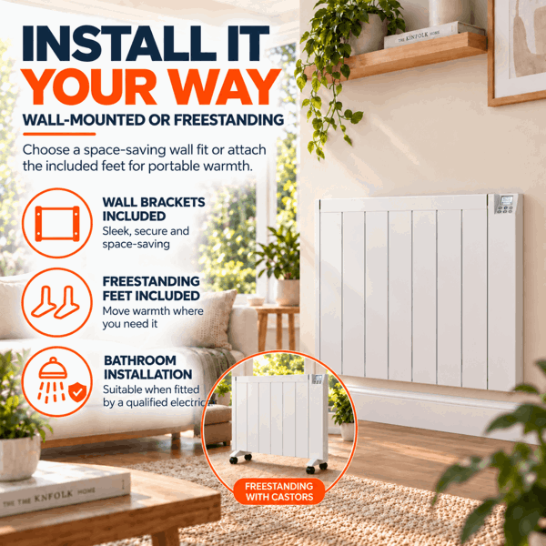 MYLEK Electric Radiator Panel Heater Ceramic White Eco 2000W Bathroom Safe Wall Mounted Or Free Standing With Timer Thermostat