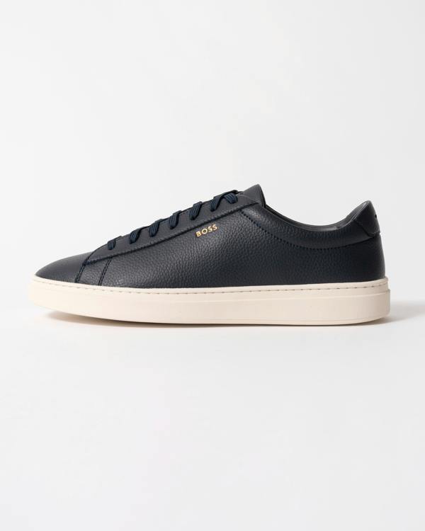 side view of BOSS Orange Kieran Mens Grained-leather trainers with rubber sole in Dark Blue 407