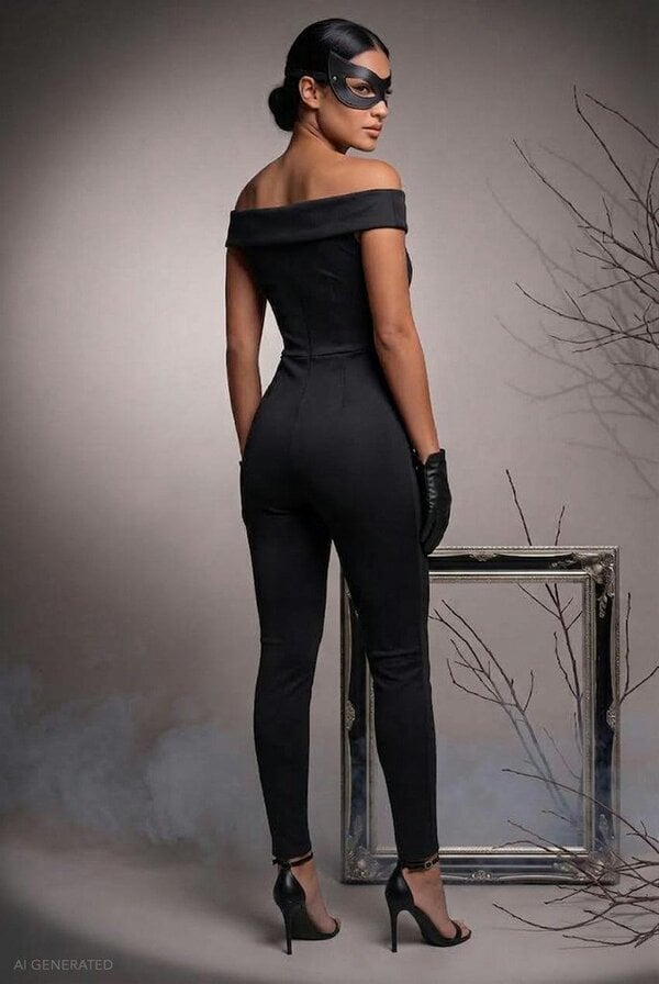 Goddiva Off The Shoulder Jumpsuit Catwoman-Inspired Halloween Costume - Black by Goddiva
