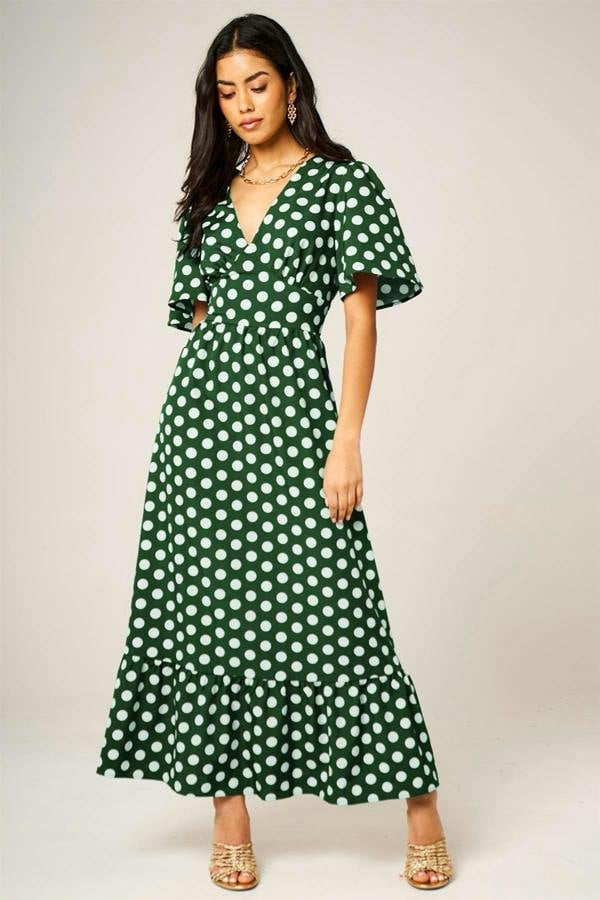 FS Collection Dot Print Angel Sleeve V Neck Frill Hem Midi Dress In Green