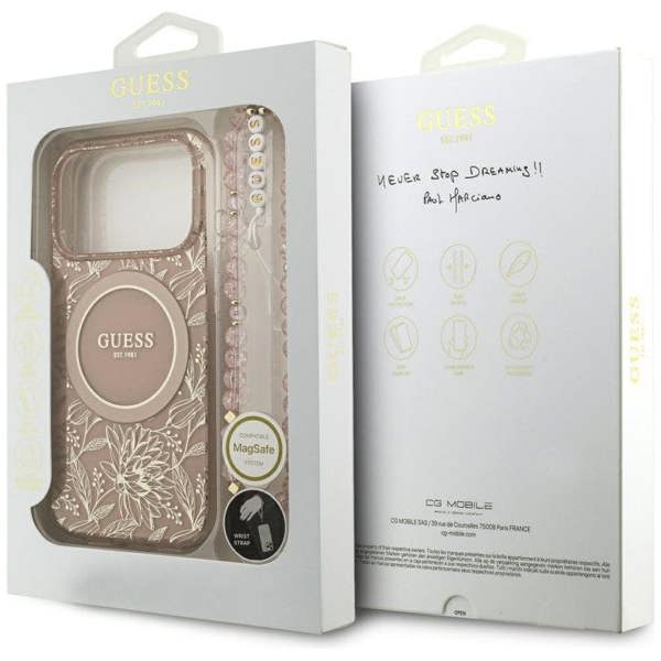 Guess IML Flowers Electro Pearl Strap MagSafe Case for iPhone 17 Pro 6.3" Pink - GUHMP17LHCPOFPP
