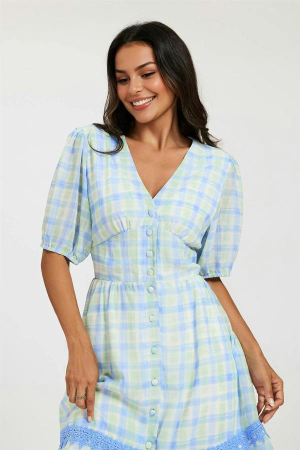 FS Collection Gingham Lace Detail Mini Dress In Green