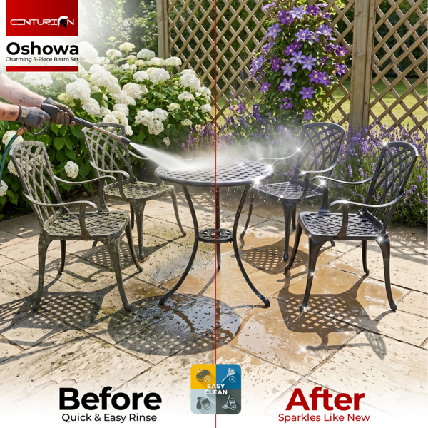 Centurion Supports OSHOWA Garden and Patio Table and 4 Large Chairs with Armrests Cast Aluminium Bistro Set - Black Cushions