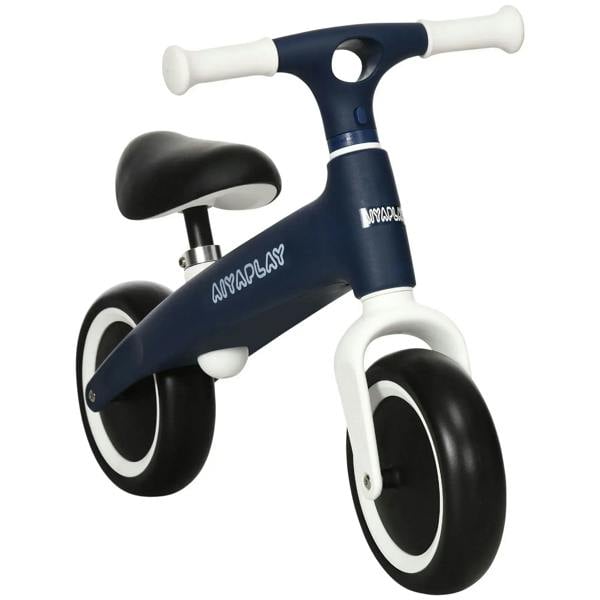 Blue baby balance bike with black seat and white handlebar grips