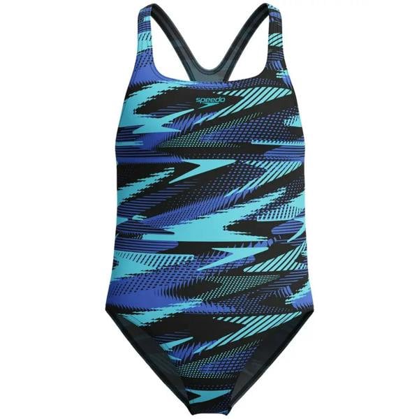 Speedo Girls HyberBoom allover printed medalist swimsuit in black blue geometric pattern