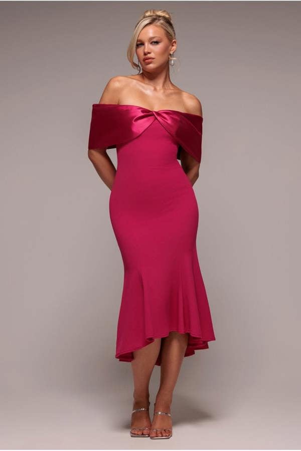 Twist Knot Satin & Scuba Bardot High Low Midi Dress - Magenta DR4617