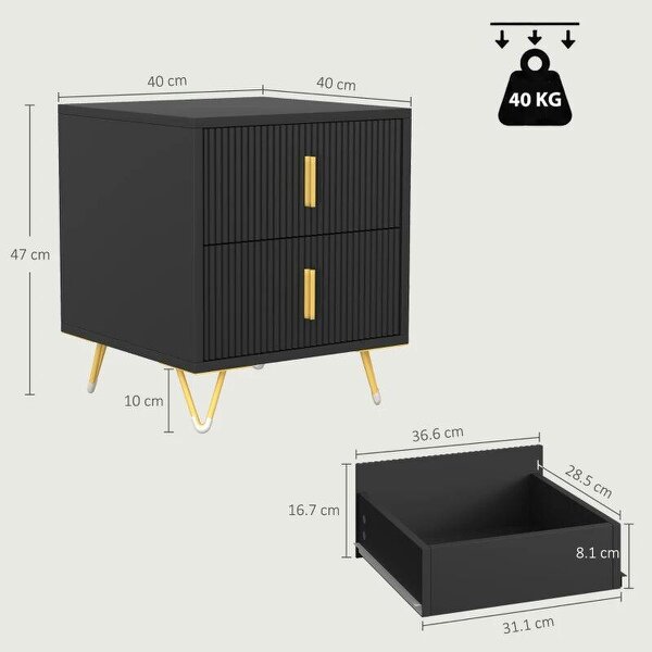 Elegant Fluted Bedside Table - Black/Gold-Tone