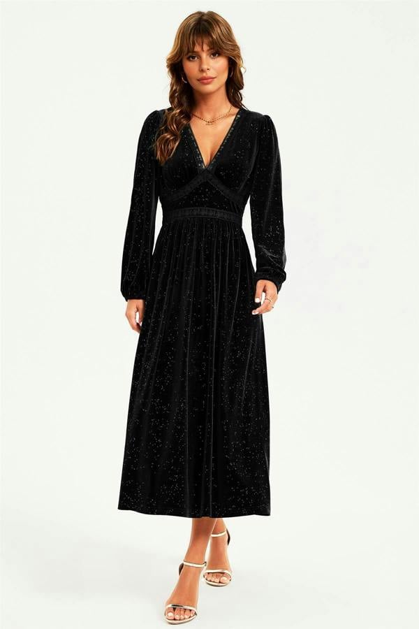 FS Collection Silver Foil Velvet Lace Trim Neckline Midi Dress In Black