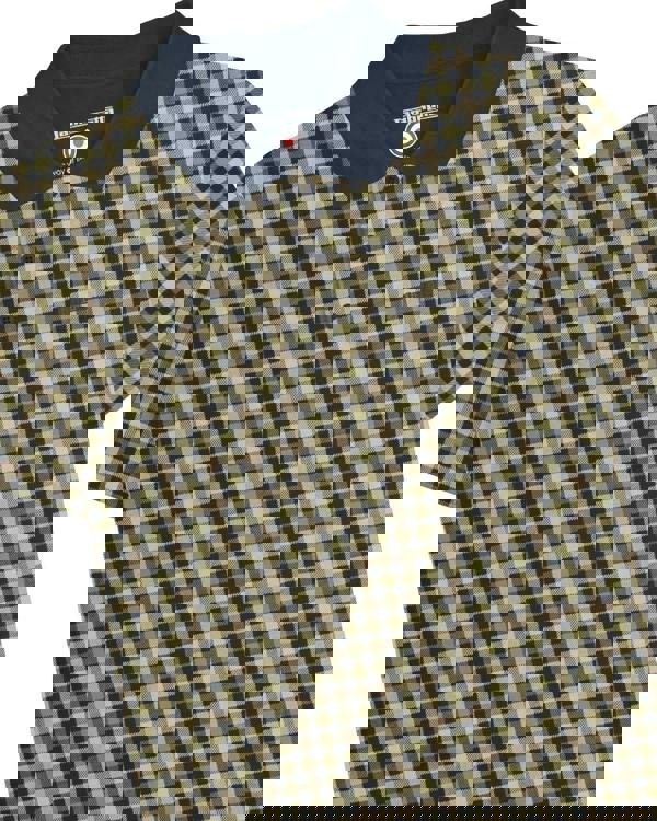 Lambretta Mens Check Classic Mod Ska Casual Smart Polo, a men's button-up polo shirt with a classic check pattern in black, beige, and green, featuring a navy blue collar and a small chest pocket.