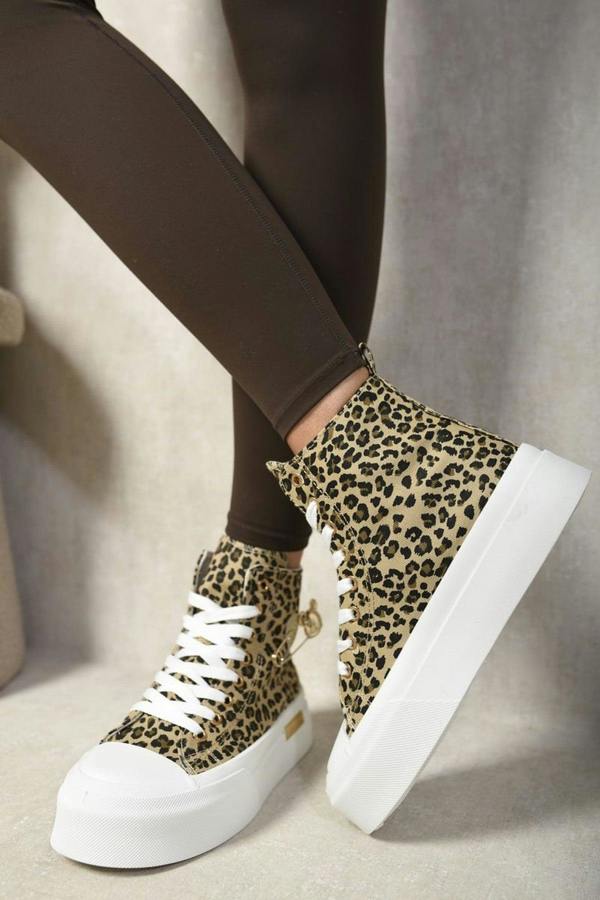 Dana High Top Lace Up Platform Ankle Trainers With Decorative Detail - Leopard