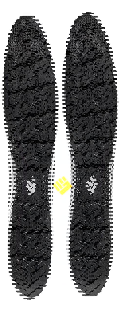 TOWORKFOR Super Set Mens/Womens Composite S1P Safety Trainers, black and white safety trainer outsole with durable tread pattern and yellow logo detail.