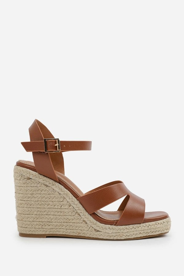 Where's That From Sansa Wide Fit Cut Out Strap Detail Wedge Shoes With Buckle Closure in Tan Grain Pu