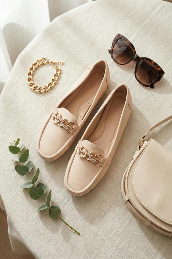 Olivia Womens Rhinestone Chain Loafers - Beige