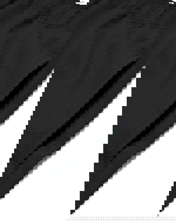 Lambretta Mens Swimming Casual Summer Shorts, close-up view of black lightweight fabric and stitching details.