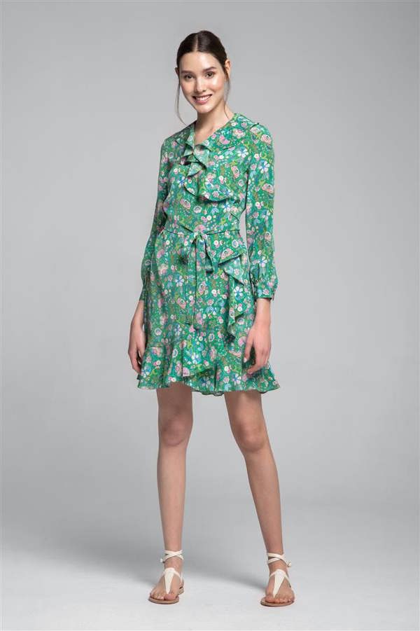 Rumour London Abby ruffled silk wrap dress in green floral print