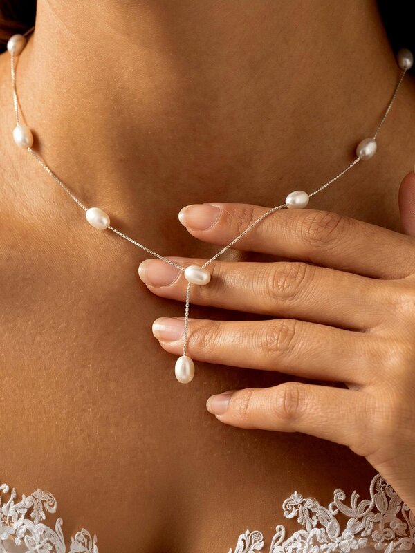 MUCHV Dainty Lariat Bridal Drop Necklace With Pearls - Silver