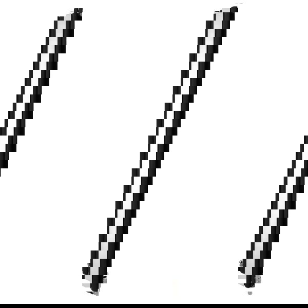 Sleek black oval mirror radiator with a modern design, measuring 1800mm x 380mm, featuring smooth, reflective surfaces and stylish valves