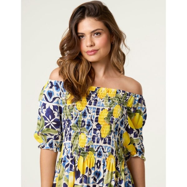 Blue Vanilla Lemon Print Milkmaid Dress