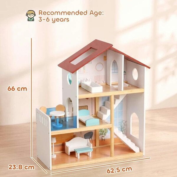 Kids Wooden Dolls House, 3-Story Dollhouse with 5 Rooms and 11 Accessories, Pretend Play Gift for Ages 3+, White