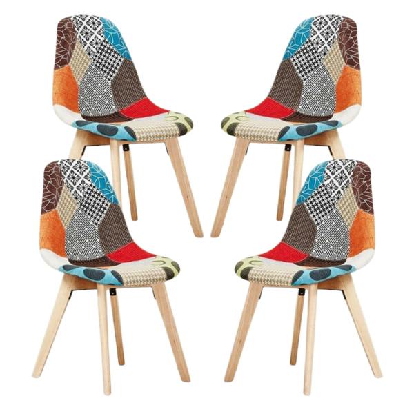 Life Interiors Set of 4 Patchwork Multi Colors Fabric Dining Chairs with Wooden Legs, Mid-Century Modern Accent Chair