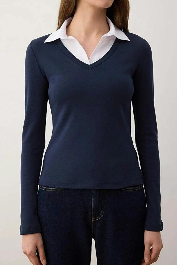 WOVCOR Woven Shirt Collar Knit Blouse